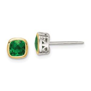 925 Sterling Silver with 14k Accent Created Green Emerald Square Stud Earrings